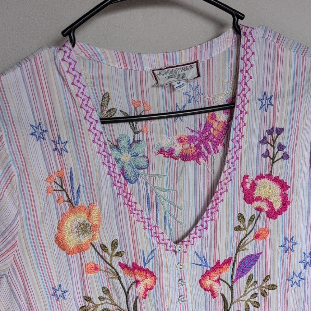 Johnny Was Nila Easy Breezy tunic in Stripe Floral Embroidered Mini Dress - Picture 4 of 11